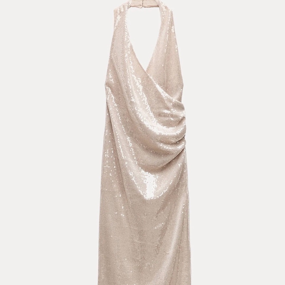 Zara Light Pink Sequin Ruched Halter Midi Dress | Worn Once